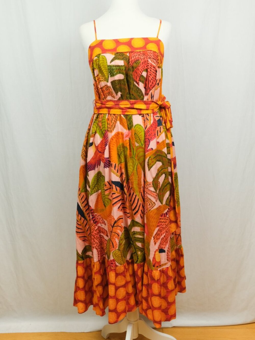 FARM Rio Pink Orange Green Leaf-Print Strapless Maxi Dress - Picture 7 of 10